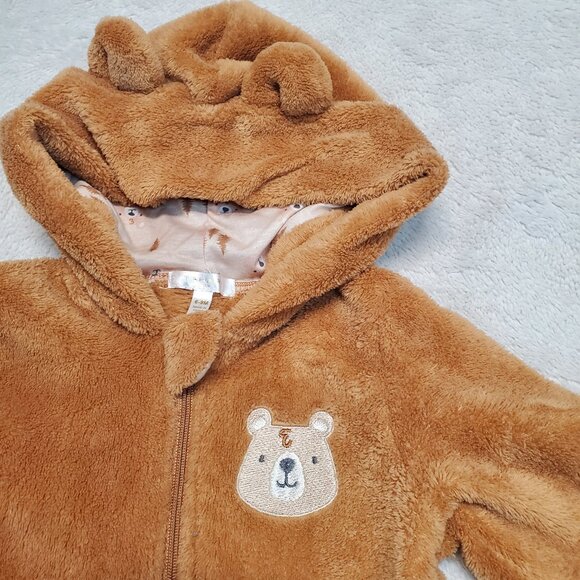 Tahari Baby Tan Plush‎ Fuzzy Zip One Piece Bear Hoodie Unisex Girl Boy 6 9 month - Picture 1 of 6